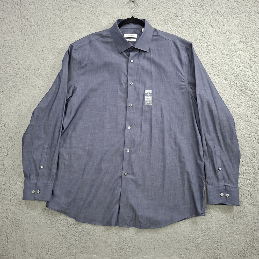 NEW Calvin Klein Shirt Mens XL 17 34/35 Button Up Steel Regular Fit Herringbone